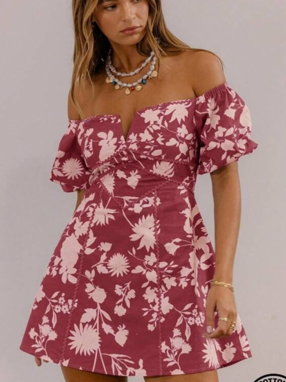 Off-Shoulder Floral Mini Dress in Dusty Rose